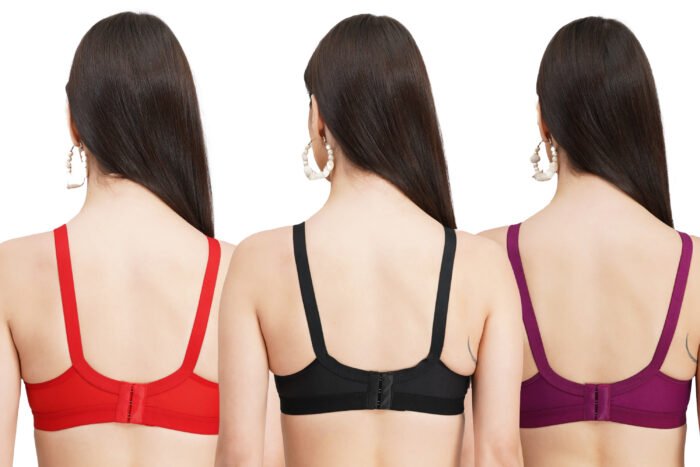 FULL COVERAGE SOLID NON-WIRED NON PADDED DAILY WEAR BRA (PACK OF 3) (BLACK, RED AND PURPLE) - Image 2