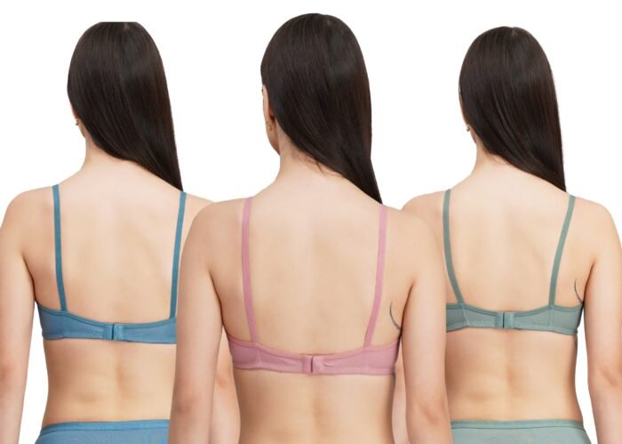 Full Coverage Solid Padded Non-Wired T-Shirt Daily Wear Bra (Pack of 3) (Blue, Green & Pink) - Image 2