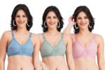 FULL COVERAGE SOLID NON-WIRED NON PADDED DAILY WEAR BRA (PACK OF 3) (BLUE, GREEN AND PINK)
