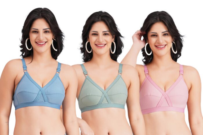 FULL COVERAGE SOLID NON-WIRED NON PADDED DAILY WEAR BRA (PACK OF 3) (BLUE, GREEN AND PINK) - Image 1
