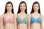 Full Coverage Solid Padded Non-Wired T-Shirt Daily Wear Bra (Pack of 3) (Blue, Green & Pink)