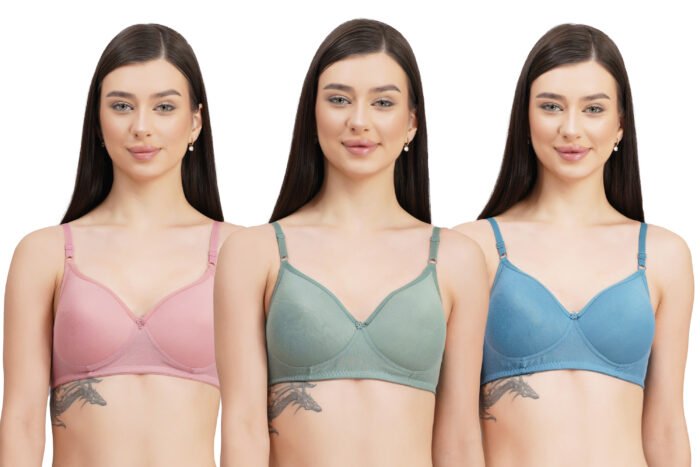 Full Coverage Solid Padded Non-Wired T-Shirt Daily Wear Bra (Pack of 3) (Blue, Green & Pink) - Image 1