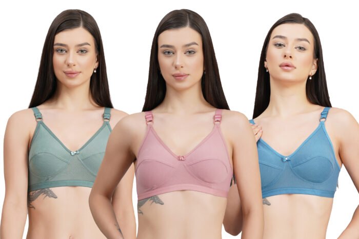 Solid Non-Wired Non Padded  Daily Wear Bra (Pack of 3) (Blue, Green & Pink) - Image 1