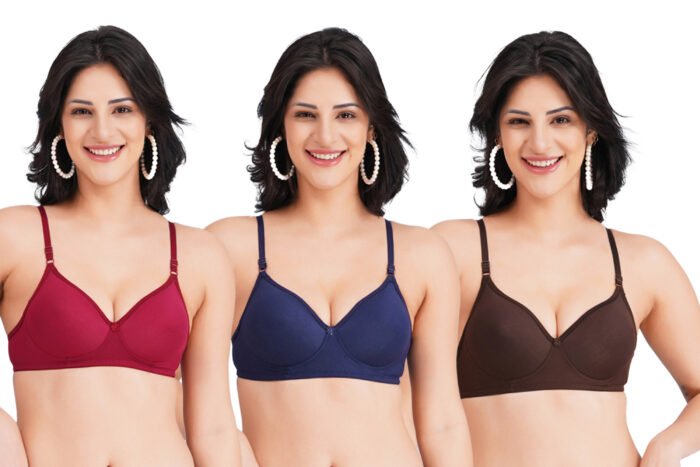 Full Coverage Solid Padded Non-Wired T-Shirt Daily Wear Bra (Pack of 3) (Red, Blue & Brown) - Image 1