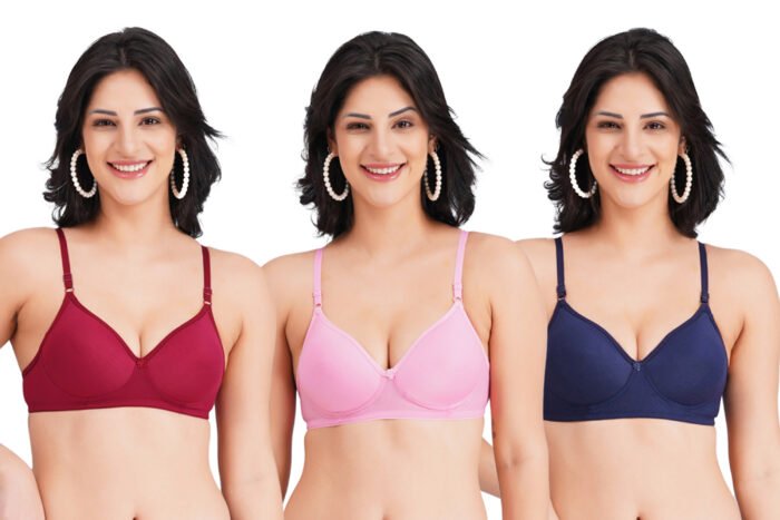 Full Coverage Solid Padded Non-Wired T-Shirt Daily Wear Bra (Pack of 3) (Pink, Blue & Red) - Image 1