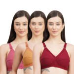 FULL COVERAGE SOLID NON-WIRED NON PADDED DAILY WEAR BRA (PACK OF 3) (GOLDEN, MAROON AND PINK)