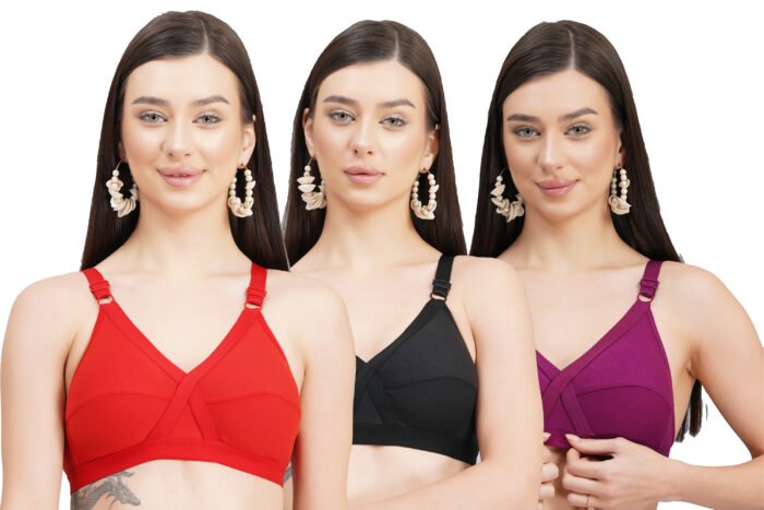 FULL COVERAGE SOLID NON-WIRED NON PADDED DAILY WEAR BRA (PACK OF 3) (BLACK, RED AND PURPLE) - Image 1