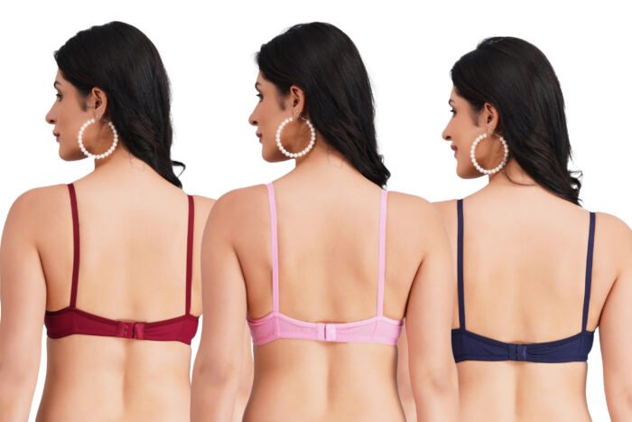 Full Coverage Solid Padded Non-Wired T-Shirt Daily Wear Bra (Pack of 3) (Pink, Blue & Red) - Image 2