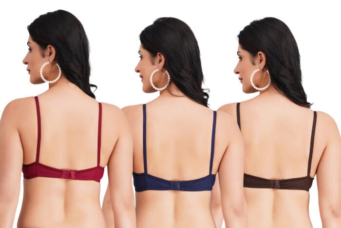 Full Coverage Solid Padded Non-Wired T-Shirt Daily Wear Bra (Pack of 3) (Red, Blue & Brown) - Image 2