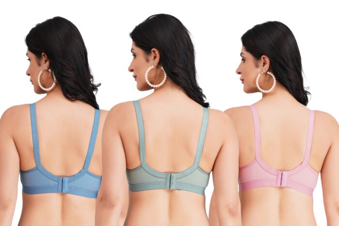 FULL COVERAGE SOLID NON-WIRED NON PADDED DAILY WEAR BRA (PACK OF 3) (BLUE, GREEN AND PINK) - Image 2