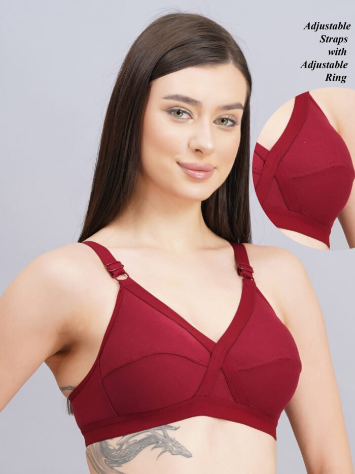 FULL COVERAGE SOLID NON-WIRED NON PADDED DAILY WEAR BRA (PACK OF 3) (GOLDEN, MAROON AND PINK) - Image 3