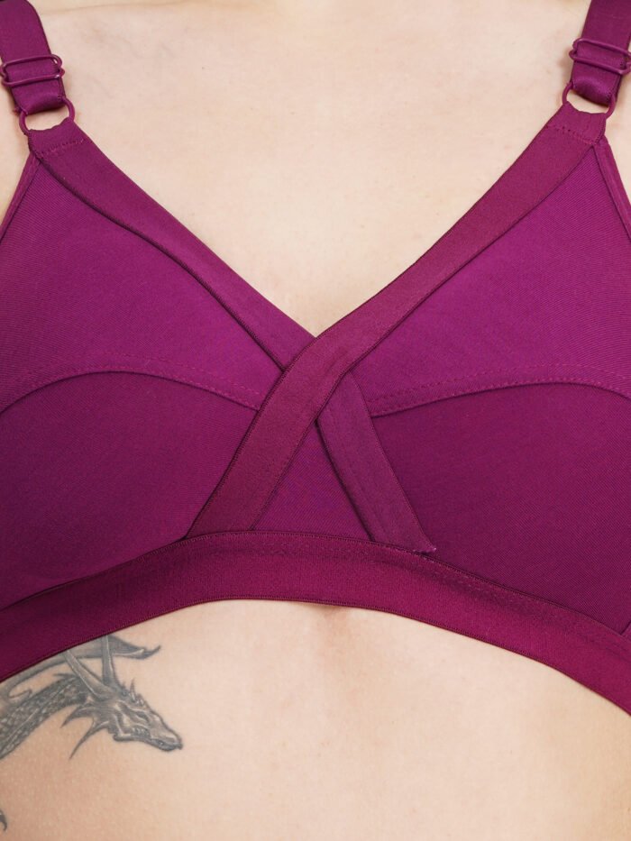 FULL COVERAGE SOLID NON-WIRED NON PADDED DAILY WEAR BRA (PACK OF 3) (BLACK, RED AND PURPLE) - Image 4